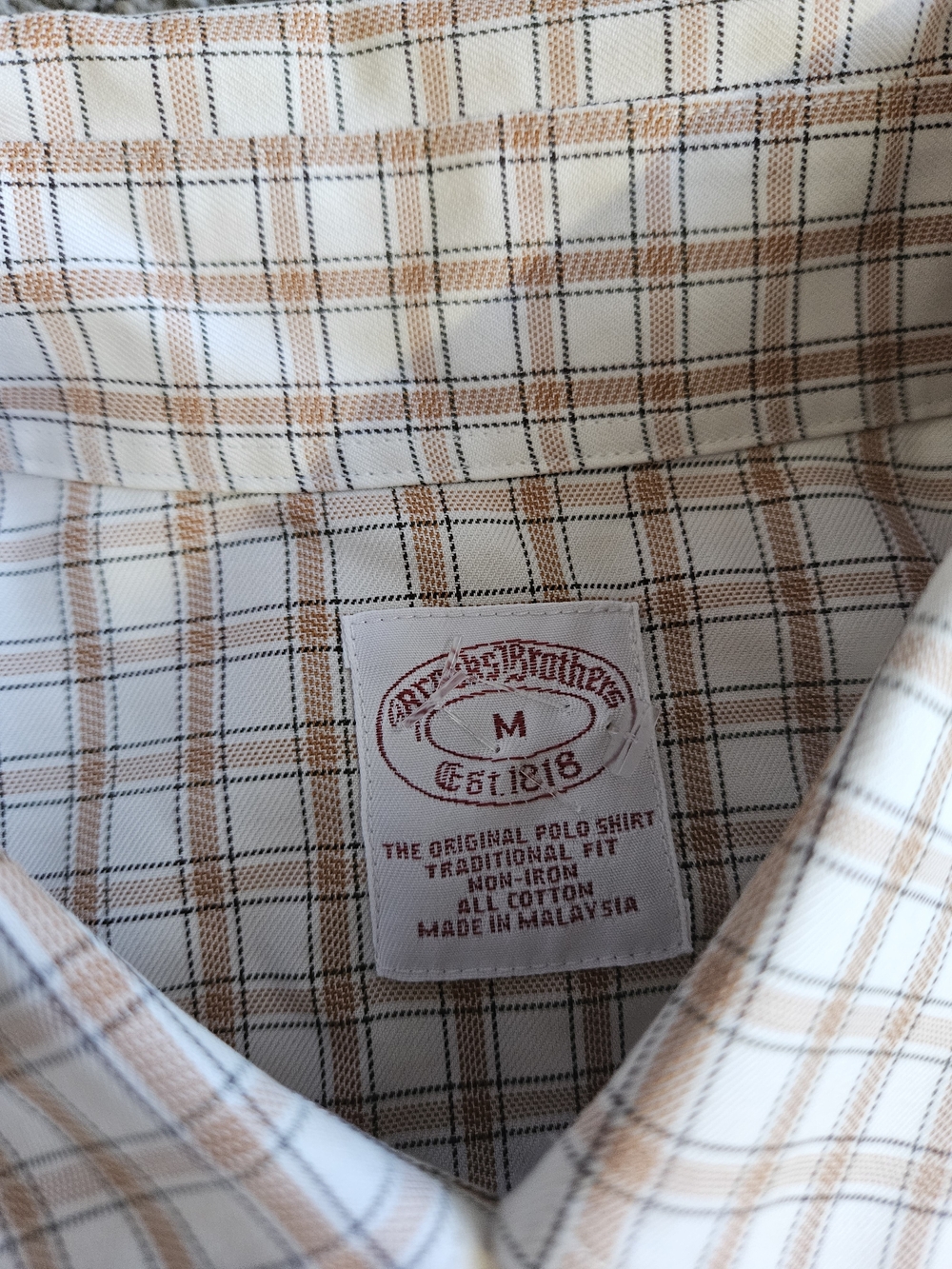 Brooks Brothers Men's Cotton Dress Shirt Medium - White with Tan Plaid